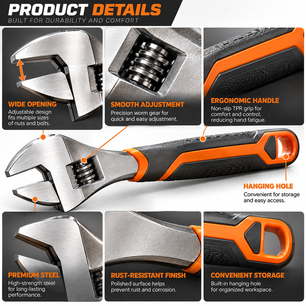 voqzunir Adjustable Wrench with Comfort Grip — features and use