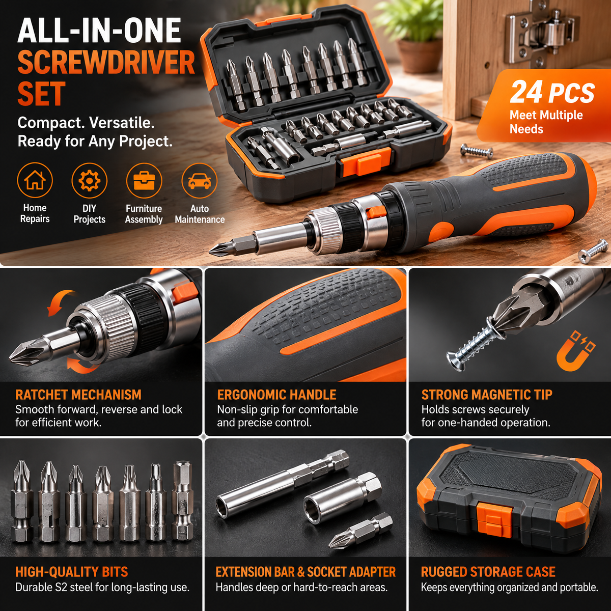 voqzunir Ratcheting Screwdriver and Bit Set with Case — features and use