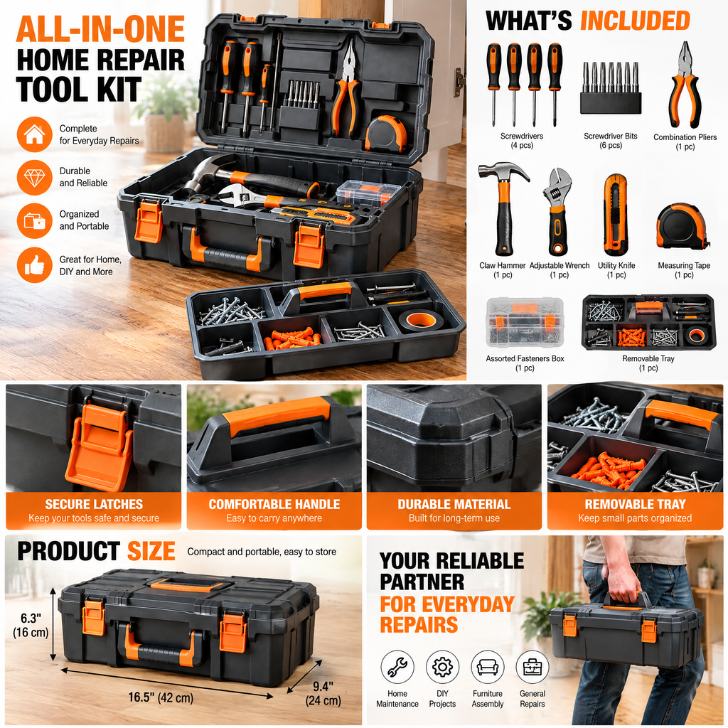 voqzunir Household Tool Kit with Carrying Case — features and use