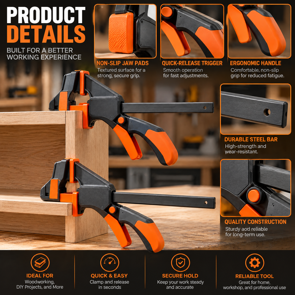 voqzunir 2-Piece Quick-Grip Bar Clamp Set — features and use