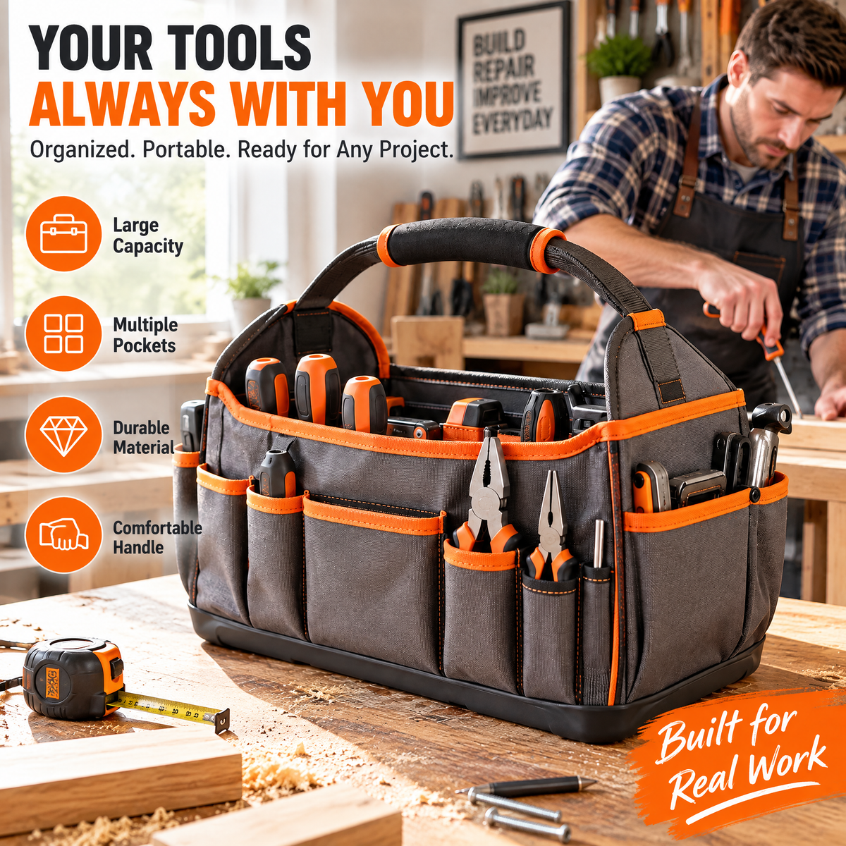 voqzunir Open-Top Tool Tote with Storage Pockets — features and use