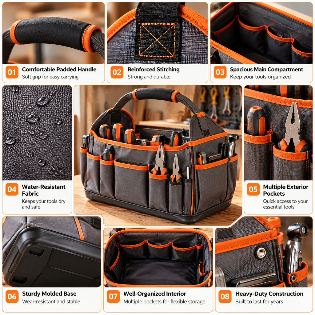 voqzunir Open-Top Tool Tote with Storage Pockets — features and use