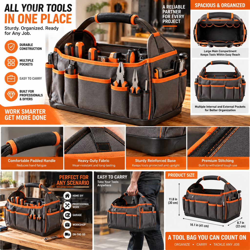 voqzunir Open-Top Tool Tote with Storage Pockets — features and use